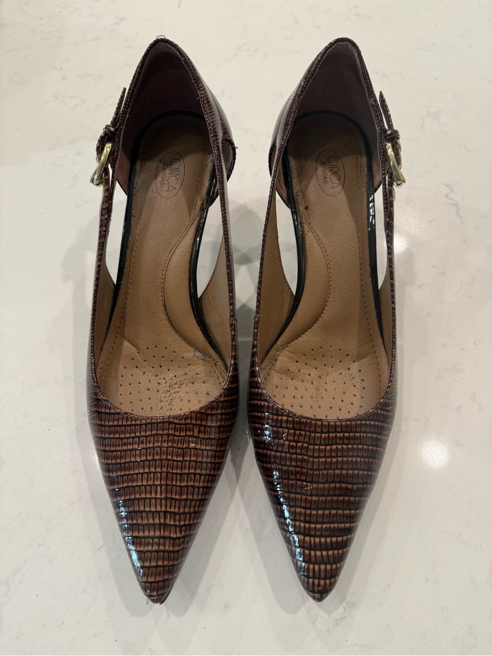 Joan & David Brown Croc-Embossed Pointed Toe Slingbacks